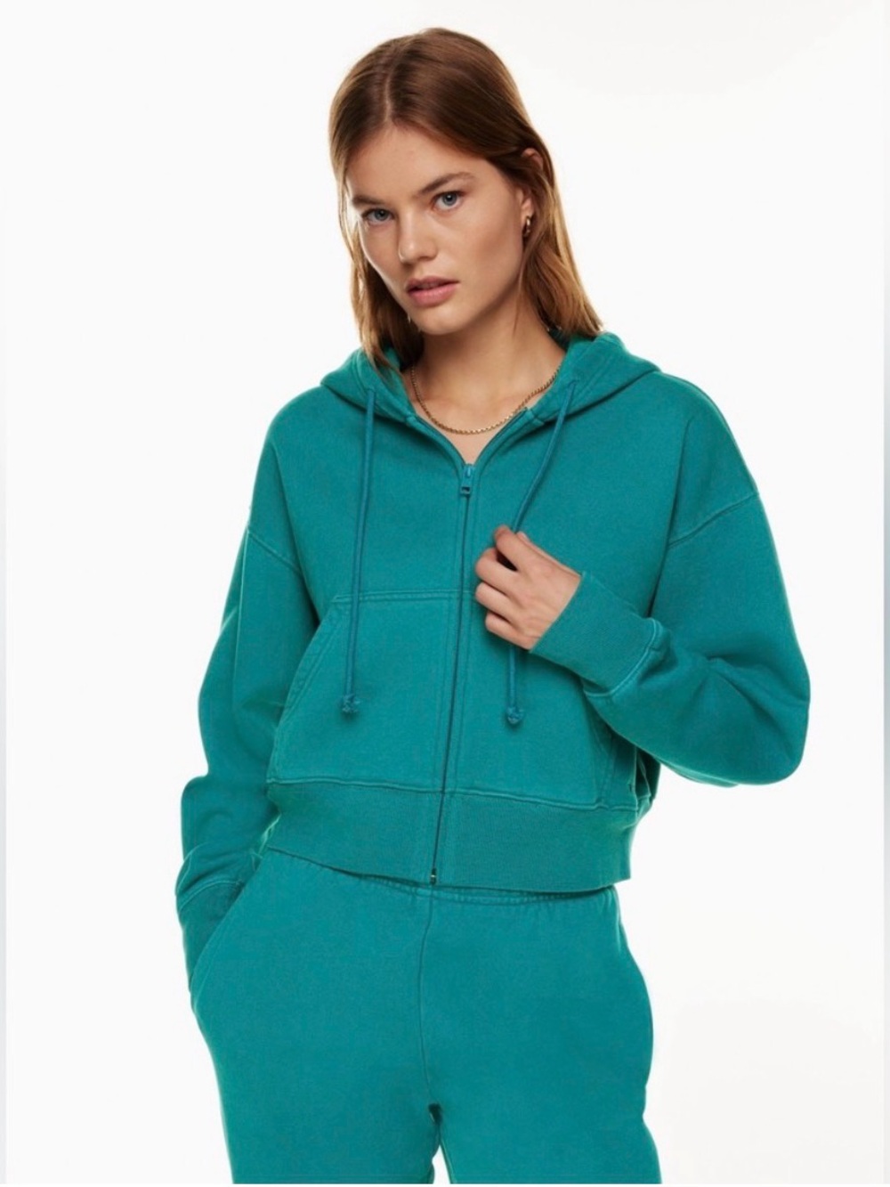 Aritzia TNA Sweatfleece Cozy Fleece Zip-Up Hoodie in Jasper Green